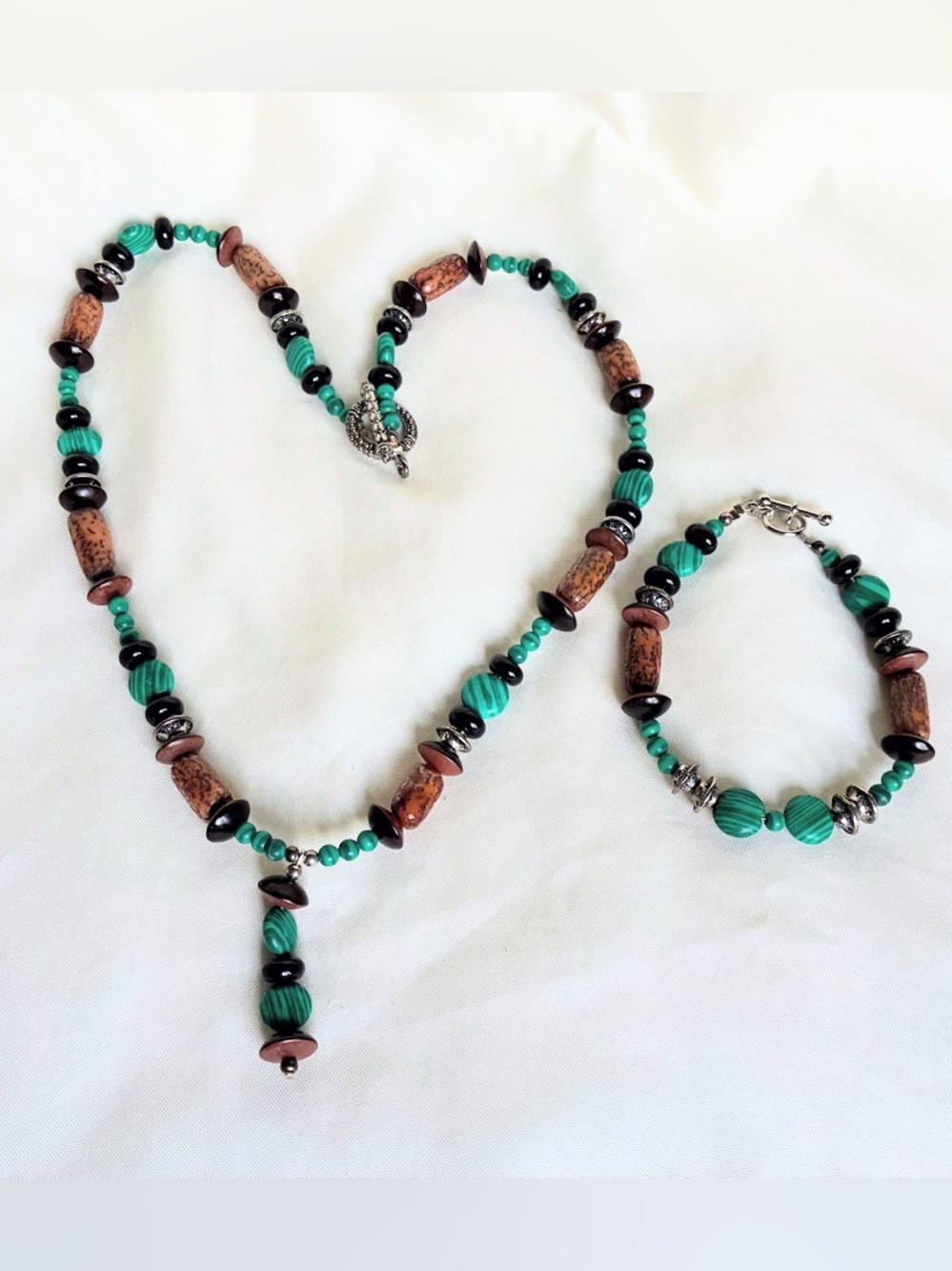 Set of Vintage Malachite Jet & Wood Beaded Necklace & Bracelet